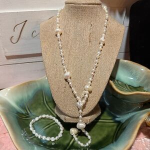 Genuine Freshwater Pearl Lariat Style Necklace & Matching Bracelet (Handcrafted)